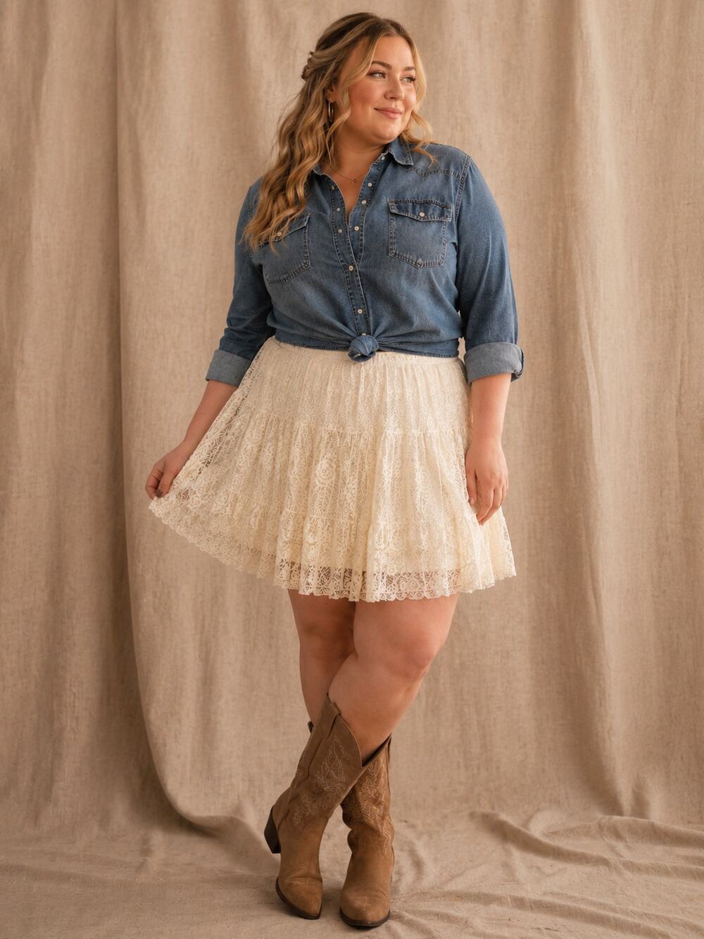 Lace Cream Mini Skirt 1X Cottagecore Boho Lined Stretch Light Weight Flowy